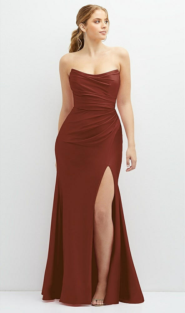 Front View - Auburn Moon Strapless Basque-Neck Draped Stretch Satin Mermaid Dress with Horsehair Hem