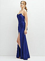 Side View Thumbnail - Cobalt Blue Strapless Basque-Neck Draped Stretch Satin Mermaid Dress with Horsehair Hem