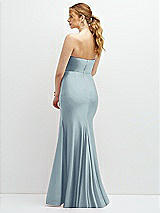 Rear View Thumbnail - Mist Strapless Basque-Neck Draped Stretch Satin Mermaid Dress with Horsehair Hem