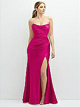 Front View Thumbnail - Think Pink Strapless Basque-Neck Draped Stretch Satin Mermaid Dress with Horsehair Hem