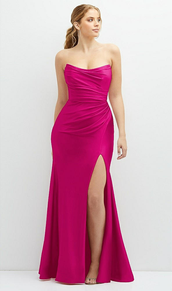 Front View - Think Pink Strapless Basque-Neck Draped Stretch Satin Mermaid Dress with Horsehair Hem