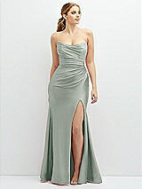 Front View Thumbnail - Willow Green Strapless Basque-Neck Draped Stretch Satin Mermaid Dress with Horsehair Hem