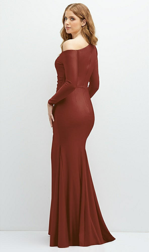 Back View - Auburn Moon Long Sleeve Cold-Shoulder Draped Stretch Satin Mermaid Dress with Horsehair Hem