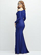 Rear View Thumbnail - Cobalt Blue Long Sleeve Cold-Shoulder Draped Stretch Satin Mermaid Dress with Horsehair Hem