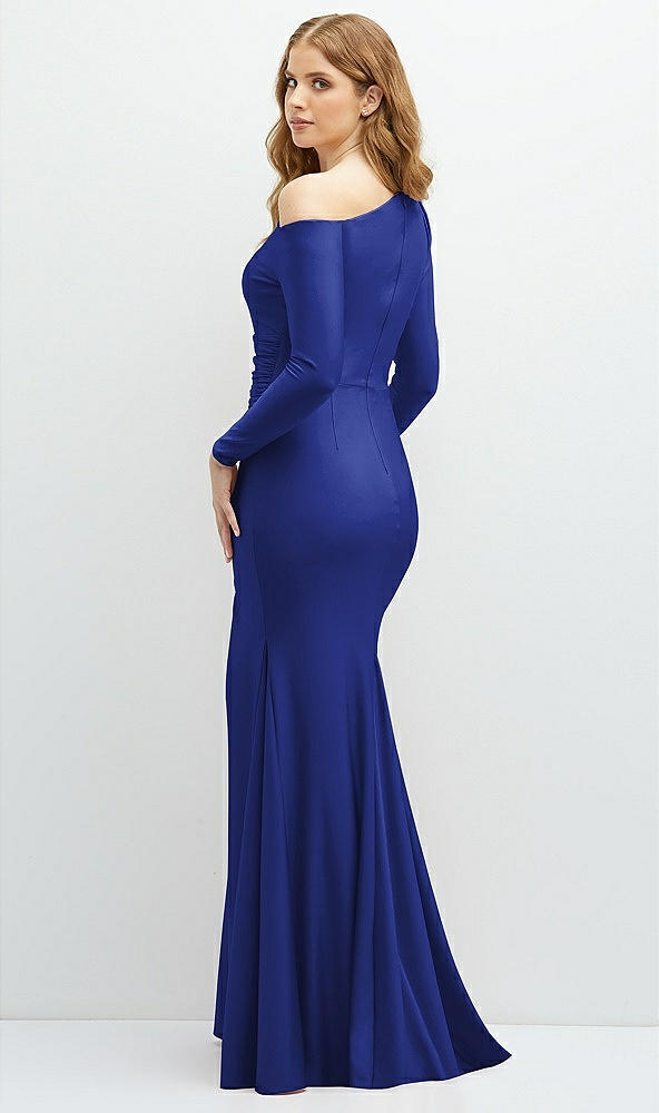 Back View - Cobalt Blue Long Sleeve Cold-Shoulder Draped Stretch Satin Mermaid Dress with Horsehair Hem