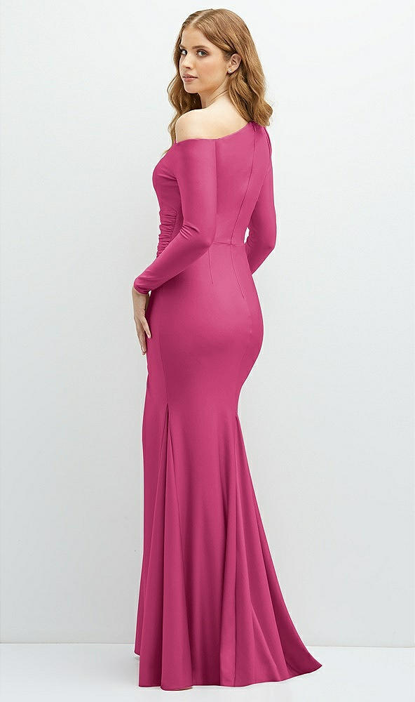 Back View - Tea Rose Long Sleeve Cold-Shoulder Draped Stretch Satin Mermaid Dress with Horsehair Hem