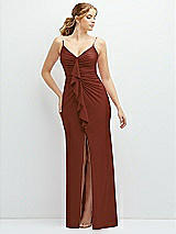 Front View Thumbnail - Auburn Moon Rhinestone Strap Stretch Satin Maxi Dress with Vertical Cascade Ruffle