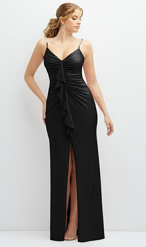 Front View - Black Rhinestone Strap Stretch Satin Maxi Dress with Vertical Cascade Ruffle