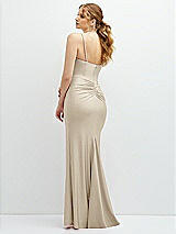 Rear View Thumbnail - Champagne Rhinestone Strap Stretch Satin Maxi Dress with Vertical Cascade Ruffle