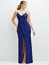 Front View Thumbnail - Cobalt Blue Rhinestone Strap Stretch Satin Maxi Dress with Vertical Cascade Ruffle