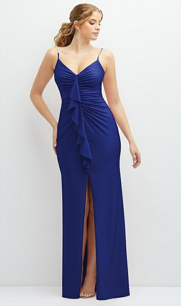 Front View - Cobalt Blue Rhinestone Strap Stretch Satin Maxi Dress with Vertical Cascade Ruffle