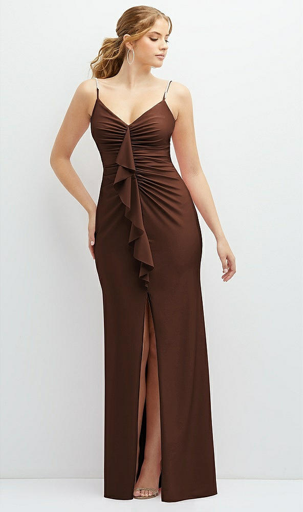 Front View - Cognac Rhinestone Strap Stretch Satin Maxi Dress with Vertical Cascade Ruffle