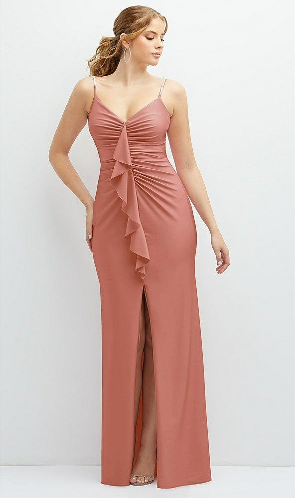 Front View - Desert Rose Rhinestone Strap Stretch Satin Maxi Dress with Vertical Cascade Ruffle