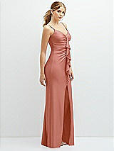 Side View Thumbnail - Desert Rose Rhinestone Strap Stretch Satin Maxi Dress with Vertical Cascade Ruffle