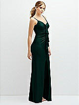 Side View Thumbnail - Evergreen Rhinestone Strap Stretch Satin Maxi Dress with Vertical Cascade Ruffle