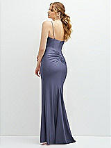 Rear View Thumbnail - French Blue Rhinestone Strap Stretch Satin Maxi Dress with Vertical Cascade Ruffle