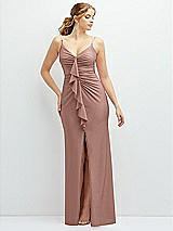 Front View Thumbnail - Neu Nude Rhinestone Strap Stretch Satin Maxi Dress with Vertical Cascade Ruffle