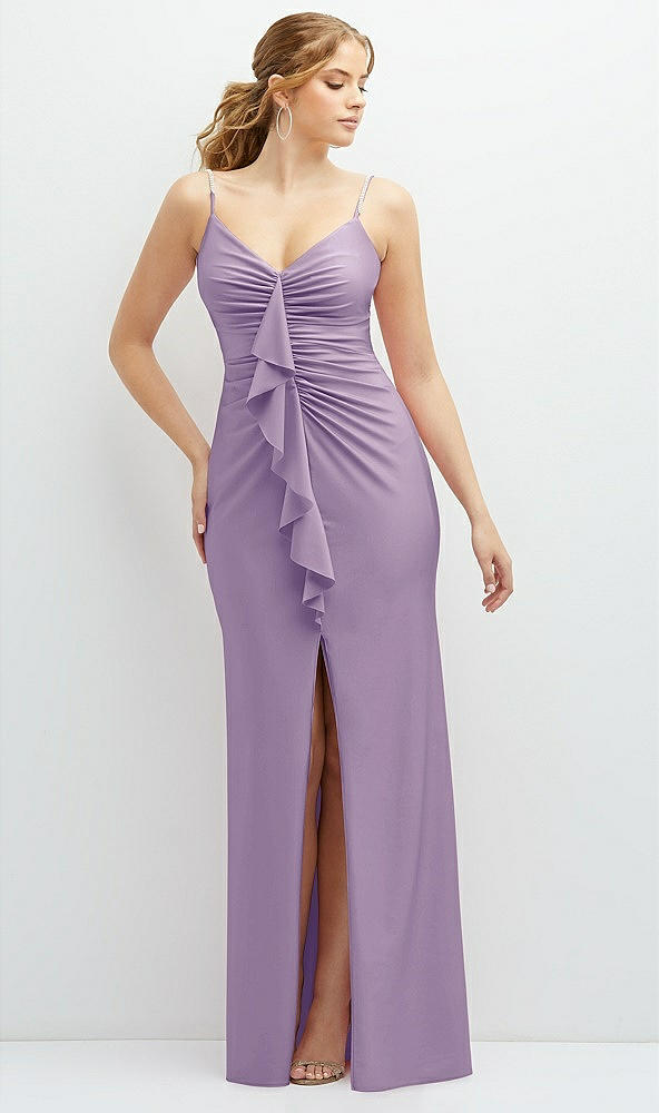 Front View - Pale Purple Rhinestone Strap Stretch Satin Maxi Dress with Vertical Cascade Ruffle