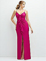 Front View Thumbnail - Think Pink Rhinestone Strap Stretch Satin Maxi Dress with Vertical Cascade Ruffle