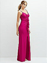 Side View Thumbnail - Think Pink Rhinestone Strap Stretch Satin Maxi Dress with Vertical Cascade Ruffle