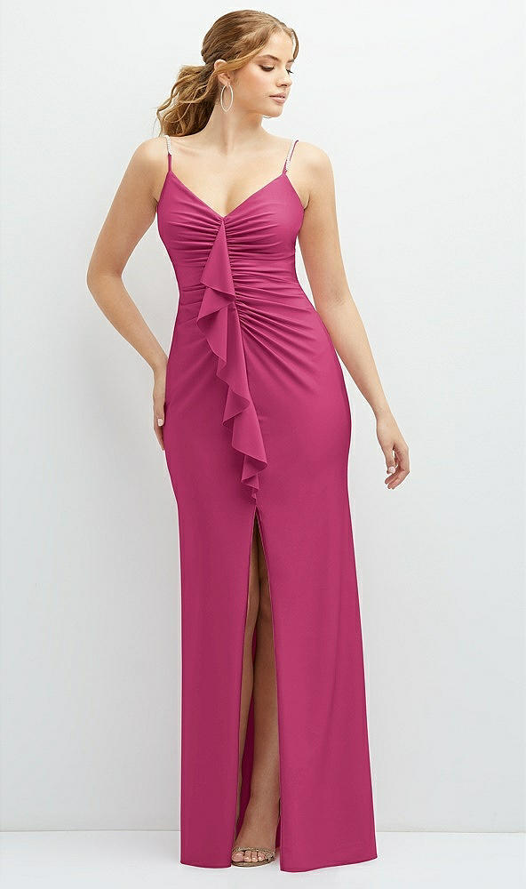 Front View - Tea Rose Rhinestone Strap Stretch Satin Maxi Dress with Vertical Cascade Ruffle