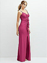 Side View Thumbnail - Tea Rose Rhinestone Strap Stretch Satin Maxi Dress with Vertical Cascade Ruffle