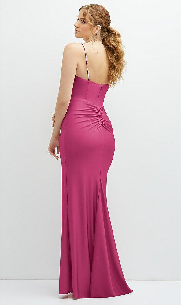 Back View - Tea Rose Rhinestone Strap Stretch Satin Maxi Dress with Vertical Cascade Ruffle