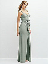 Side View Thumbnail - Willow Green Rhinestone Strap Stretch Satin Maxi Dress with Vertical Cascade Ruffle