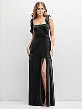 Front View Thumbnail - Black Square Neck Velvet Maxi Dress with Bow Shoulders