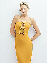 Alt View 1 Thumbnail - NYC Yellow Rhinestone Bow Trimmed Peek-a-Boo Deep-V Midi Dress with Pencil Skirt