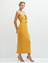 Side View Thumbnail - NYC Yellow Rhinestone Bow Trimmed Peek-a-Boo Deep-V Midi Dress with Pencil Skirt