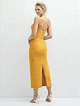 Rear View Thumbnail - NYC Yellow Rhinestone Bow Trimmed Peek-a-Boo Deep-V Midi Dress with Pencil Skirt