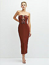 Front View Thumbnail - Auburn Moon Rhinestone Bow Trimmed Peek-a-Boo Deep-V Midi Dress with Pencil Skirt