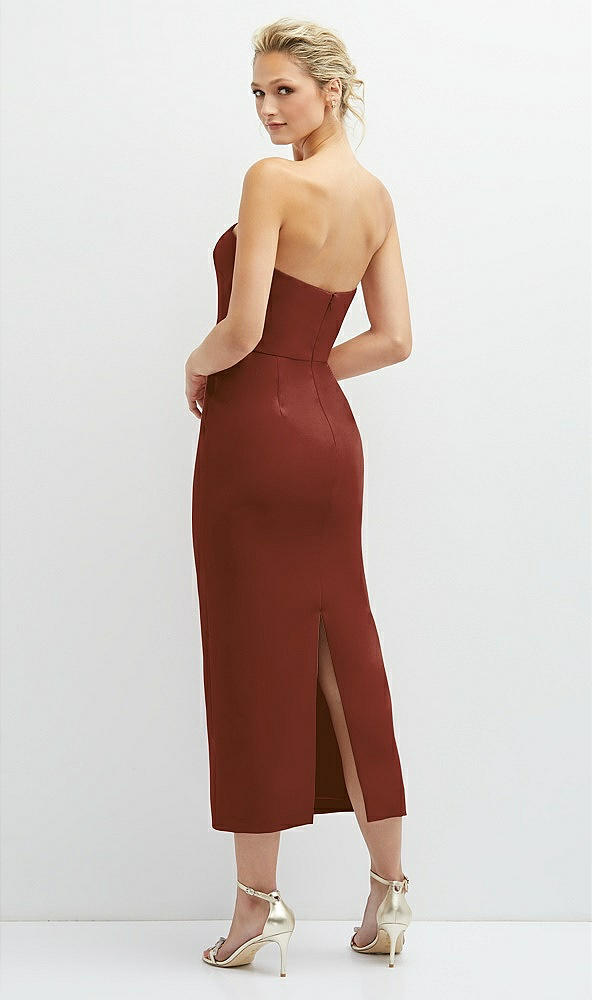 Back View - Auburn Moon Rhinestone Bow Trimmed Peek-a-Boo Deep-V Midi Dress with Pencil Skirt