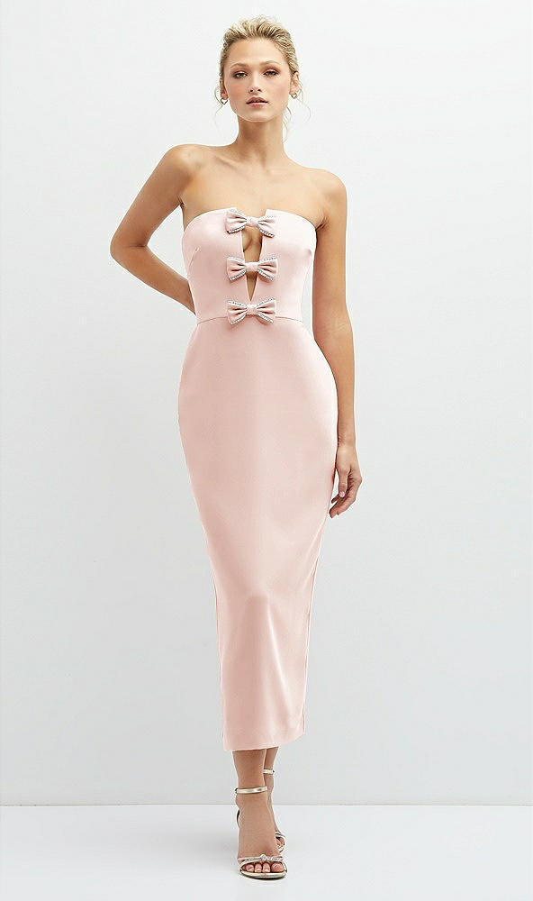 Front View - Blush Rhinestone Bow Trimmed Peek-a-Boo Deep-V Midi Dress with Pencil Skirt