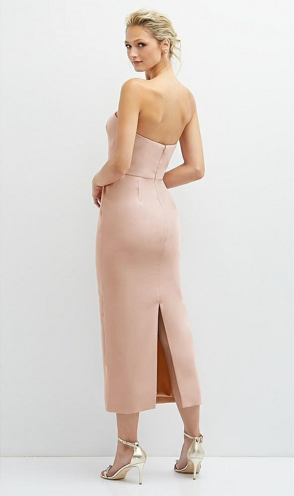 Back View - Cameo Rhinestone Bow Trimmed Peek-a-Boo Deep-V Midi Dress with Pencil Skirt