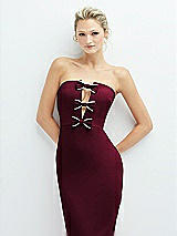 Alt View 1 Thumbnail - Cabernet Rhinestone Bow Trimmed Peek-a-Boo Deep-V Midi Dress with Pencil Skirt