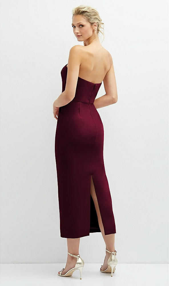 Back View - Cabernet Rhinestone Bow Trimmed Peek-a-Boo Deep-V Midi Dress with Pencil Skirt