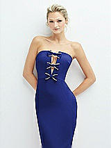 Alt View 1 Thumbnail - Cobalt Blue Rhinestone Bow Trimmed Peek-a-Boo Deep-V Midi Dress with Pencil Skirt