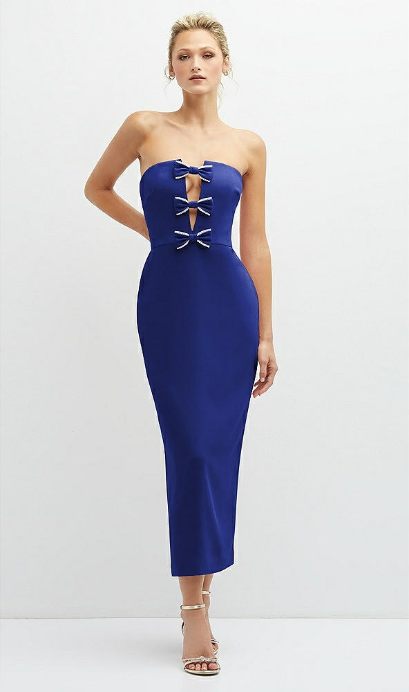 Front View - Cobalt Blue Rhinestone Bow Trimmed Peek-a-Boo Deep-V Midi Dress with Pencil Skirt