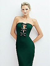 Alt View 1 Thumbnail - Hunter Green Rhinestone Bow Trimmed Peek-a-Boo Deep-V Midi Dress with Pencil Skirt