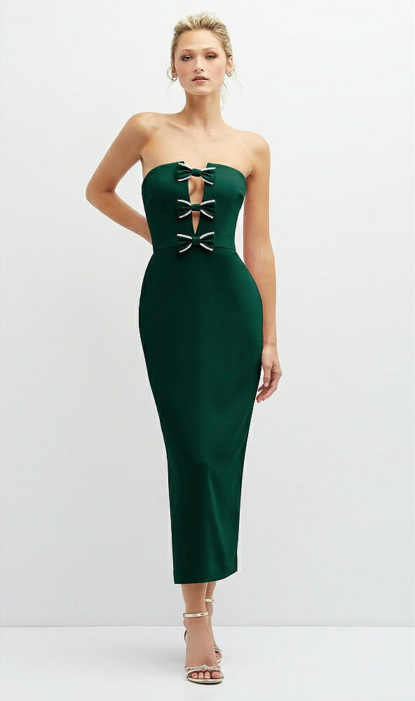 Front View - Hunter Green Rhinestone Bow Trimmed Peek-a-Boo Deep-V Midi Dress with Pencil Skirt