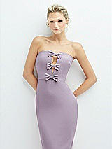 Alt View 1 Thumbnail - Lilac Haze Rhinestone Bow Trimmed Peek-a-Boo Deep-V Midi Dress with Pencil Skirt