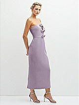 Side View Thumbnail - Lilac Haze Rhinestone Bow Trimmed Peek-a-Boo Deep-V Midi Dress with Pencil Skirt