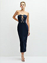 Front View Thumbnail - Midnight Navy Rhinestone Bow Trimmed Peek-a-Boo Deep-V Midi Dress with Pencil Skirt