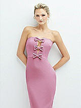 Alt View 1 Thumbnail - Powder Pink Rhinestone Bow Trimmed Peek-a-Boo Deep-V Midi Dress with Pencil Skirt