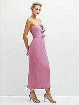 Side View Thumbnail - Powder Pink Rhinestone Bow Trimmed Peek-a-Boo Deep-V Midi Dress with Pencil Skirt