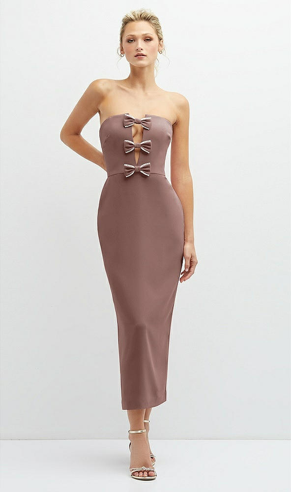 Front View - Sienna Rhinestone Bow Trimmed Peek-a-Boo Deep-V Midi Dress with Pencil Skirt