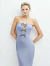 Alt View 1 Thumbnail - Sky Blue Rhinestone Bow Trimmed Peek-a-Boo Deep-V Midi Dress with Pencil Skirt