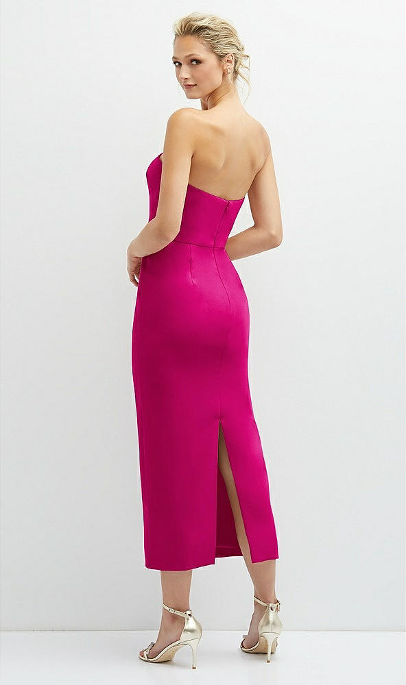 Back View - Think Pink Rhinestone Bow Trimmed Peek-a-Boo Deep-V Midi Dress with Pencil Skirt